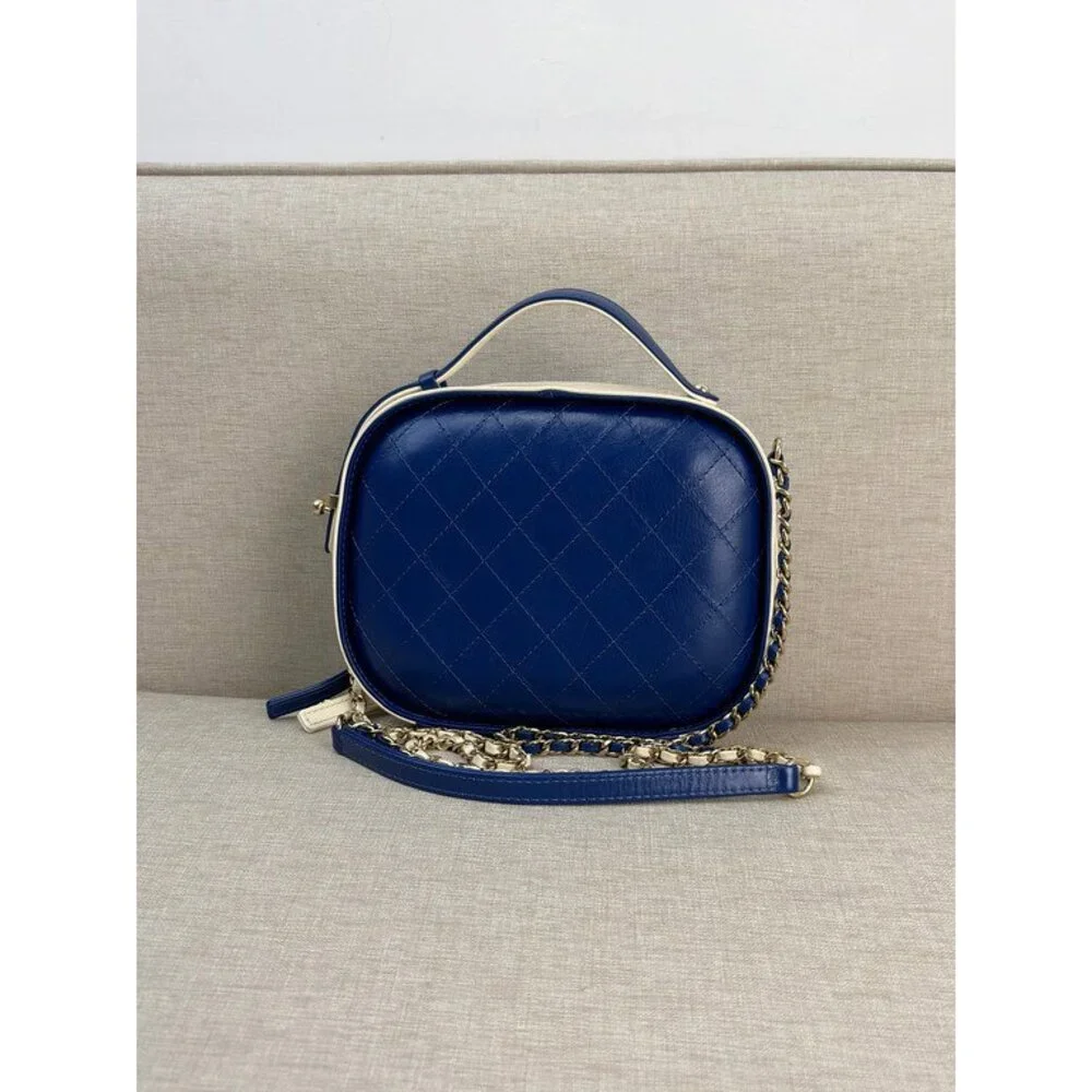 CHANEL Blue and White Lambskin Two Tone Vanity Case Bag SHW
